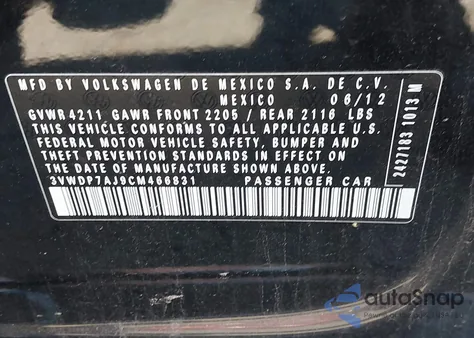 2012 Volkswagen Jetta 2.5L Se из США, поврежденный, VIN 3VWDP7AJ9CM466831